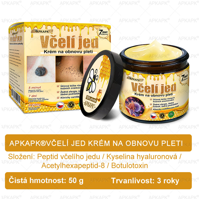 𝖠𝖯𝖪𝖠𝖯𝖪® 🐝 Krém s včelím jedem na obnovu pokožky 🐝 pomáhá při řešení kožních problémů, jako jsou: vrásky, jizvy, pigmentové skvrny, strie, akné, lupénka, ekzém, kožní léze, podráždění, záněty a další kožní potíže.